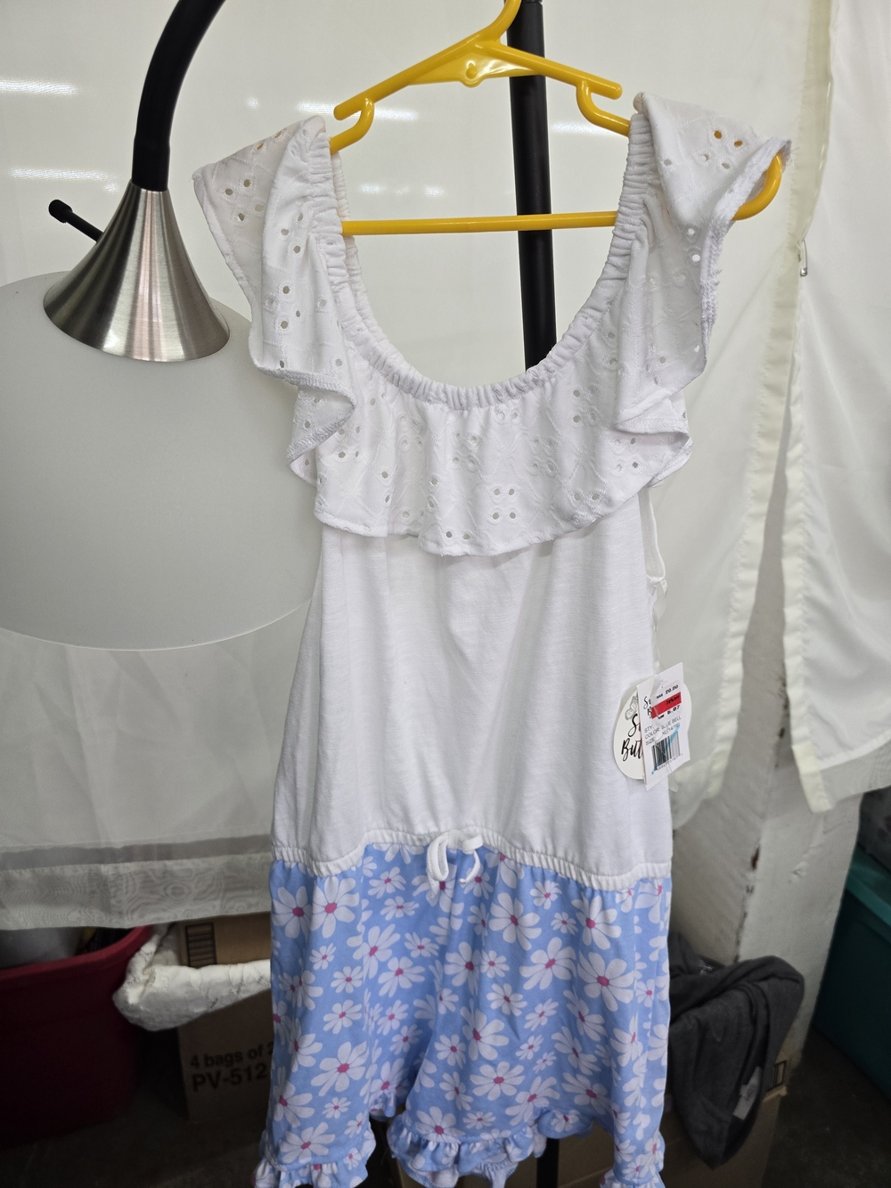 Girls White and Light Blue Floral Ruffle One-Piece Bodysuit